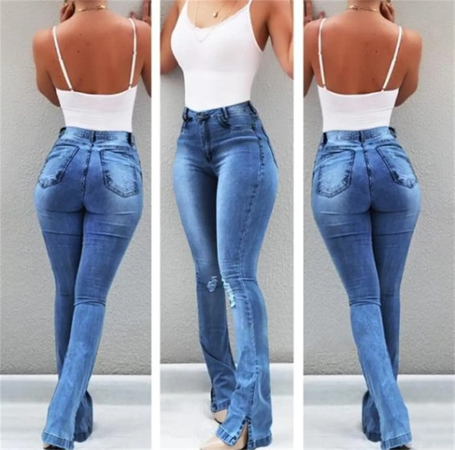 Women's Stretch Flared High Waist Jeans Fashion Stretch Bootcut Slim Jean Classic Skinny Pull-On Denim Bell Jegging