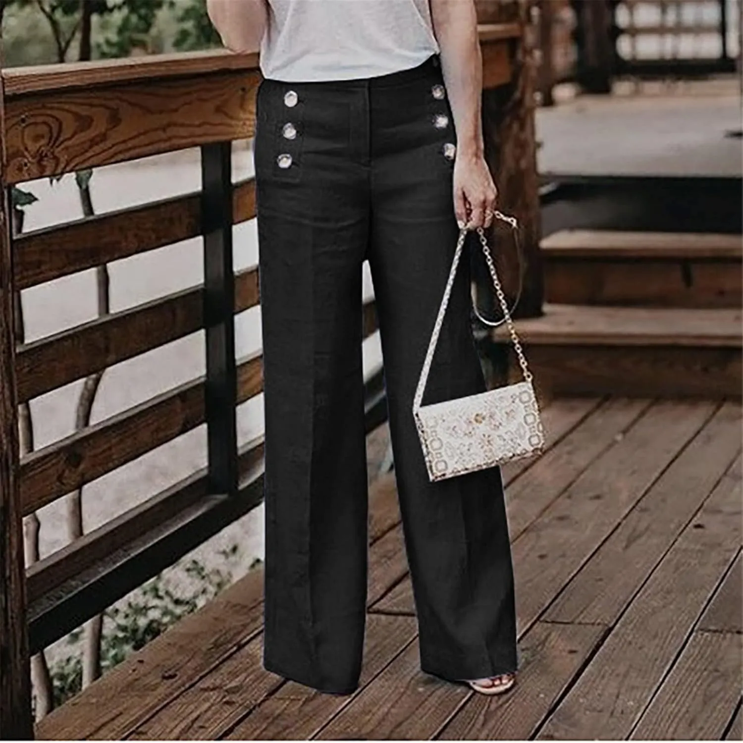 Women's Tummy Control Button Wide Leg Pants Summer Fashionable Baggy Casual Trousers Stretchy High Waist Pants