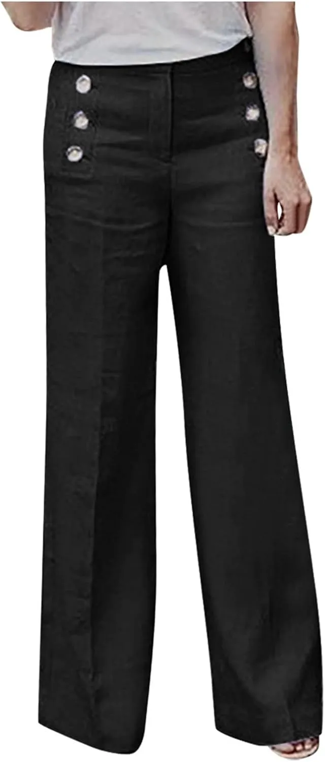 Women's Tummy Control Button Wide Leg Pants Summer Fashionable Baggy Casual Trousers Stretchy High Waist Pants