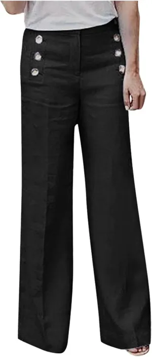 Women's Tummy Control Button Wide Leg Pants Summer Fashionable Baggy Casual Trousers Stretchy High Waist Pants