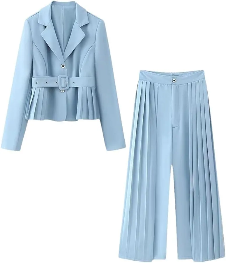 Women's Wear Minimalist Belt Wrinkled Suit High Waist High Waist Pants Set