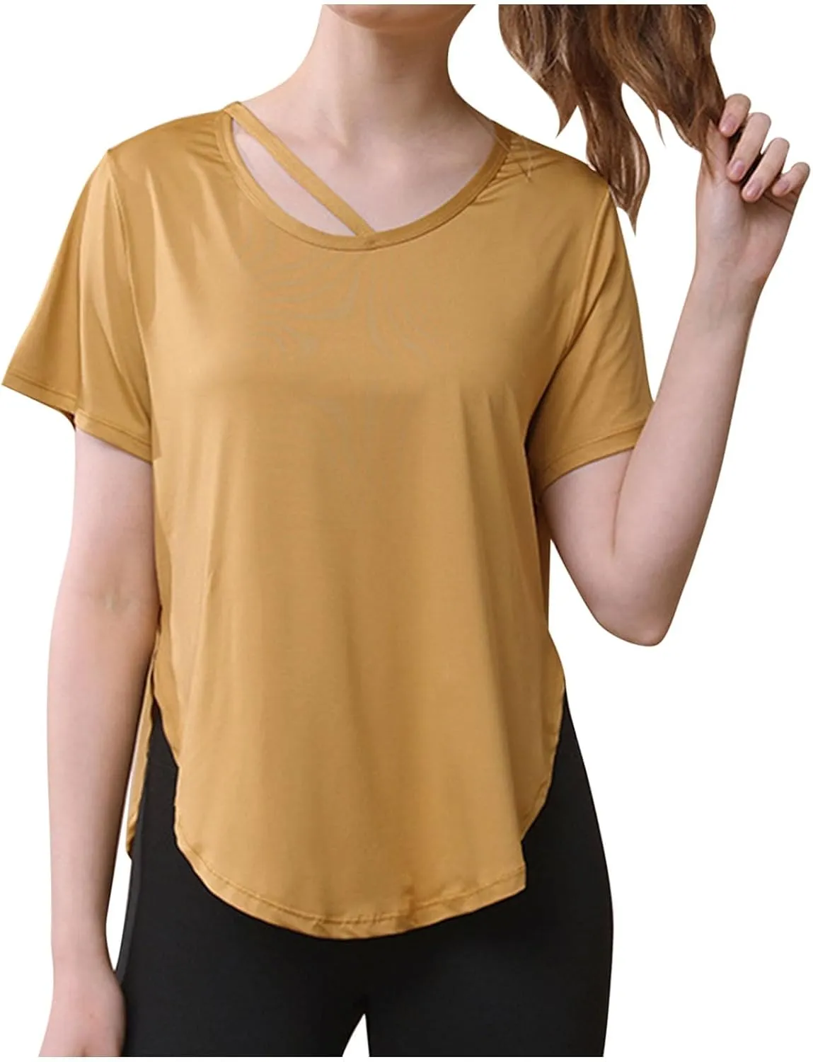 Women's Workout Tops Athletic Shirts Cropped Short Sleeve Side Slit Running Gym Quick Dry Sun Protection Tee T Shirt