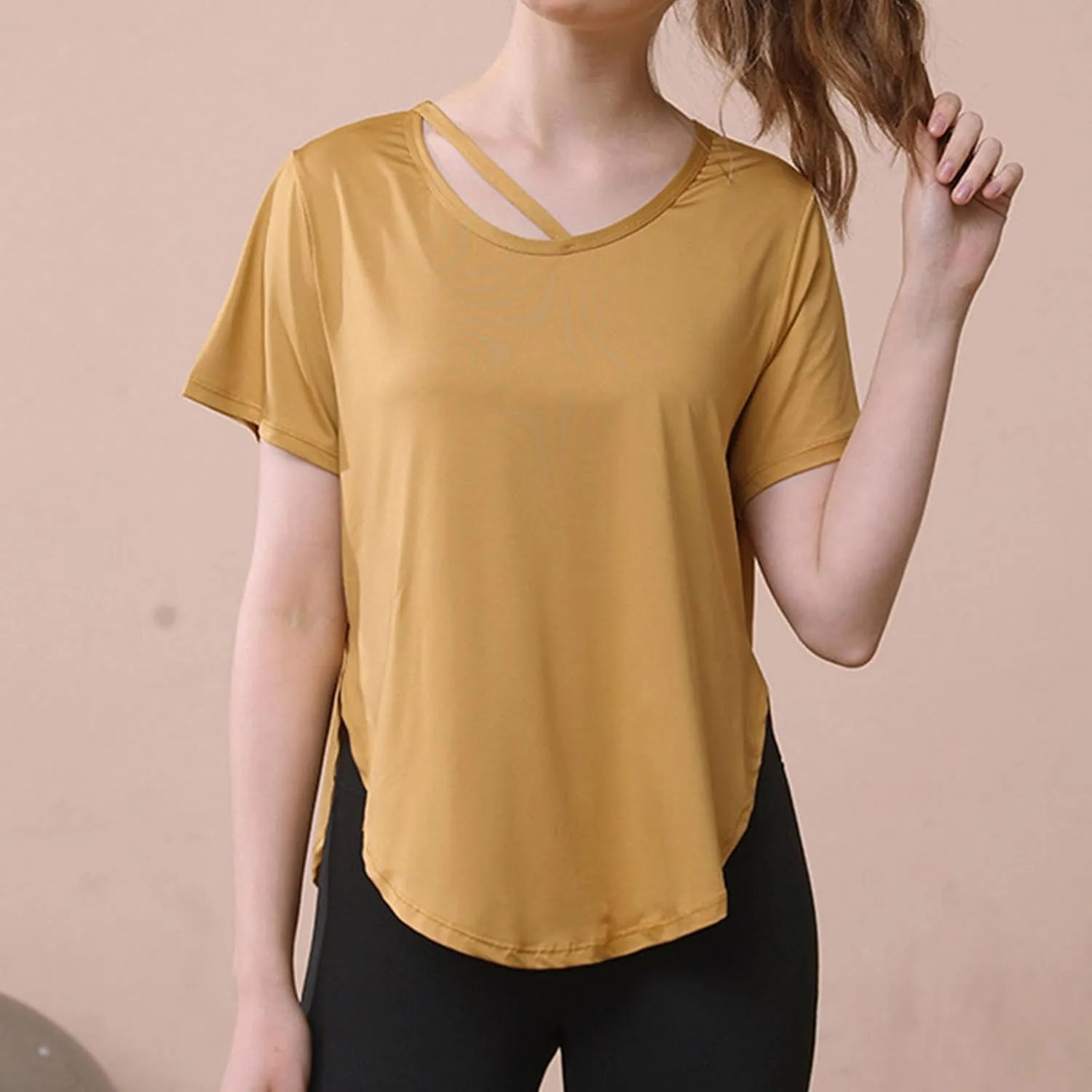 Women's Workout Tops Athletic Shirts Cropped Short Sleeve Side Slit Running Gym Quick Dry Sun Protection Tee T Shirt