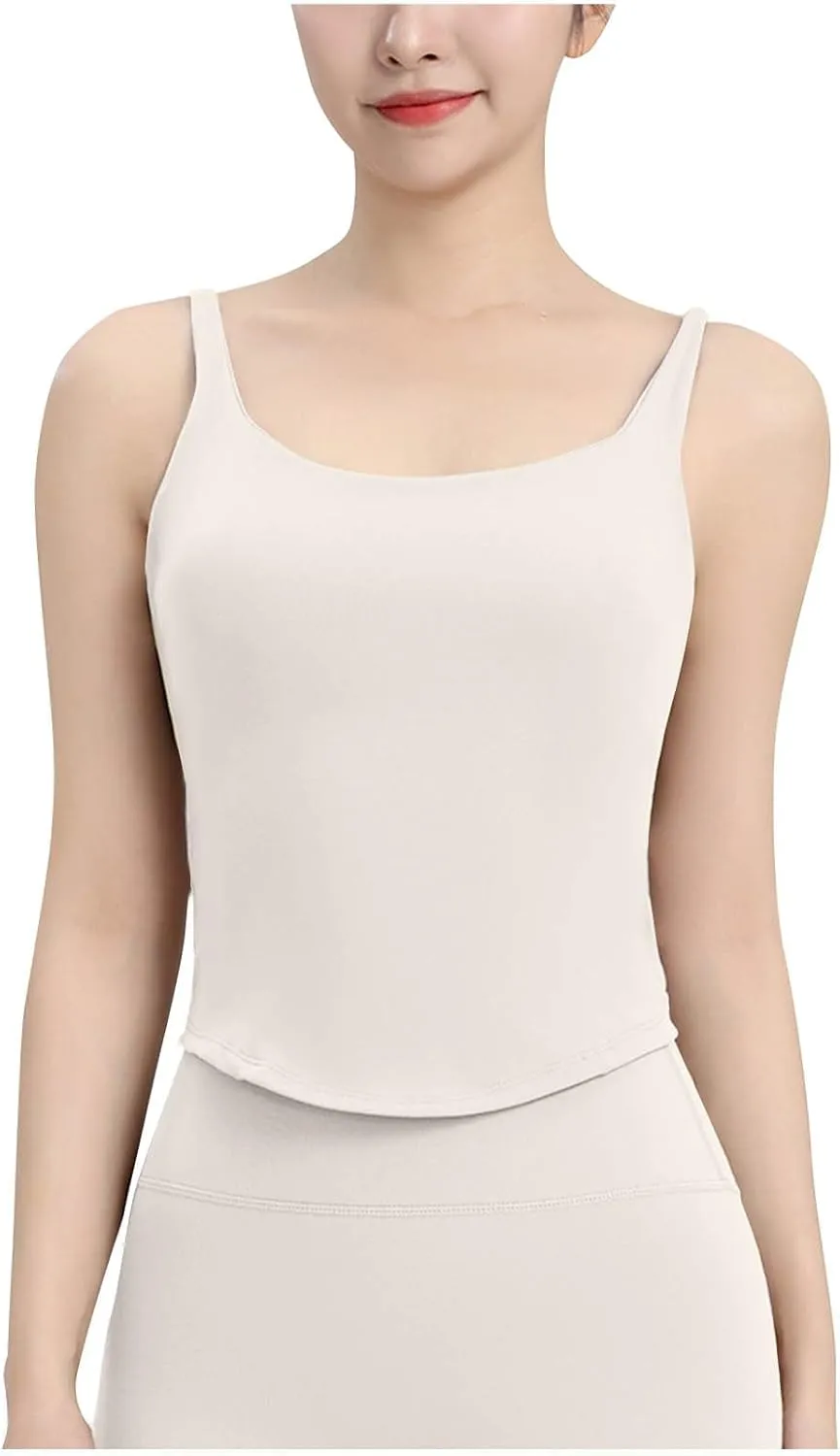 Womens Yoga Sleeveless Padded Tank Tops Round Neck Seamless Athletic Crop Top Summer Quick Dry Stretch Running Shirts