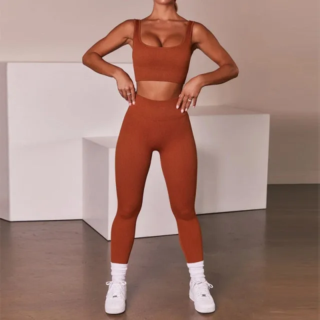 XMTOPYE Women Seamless Yoga Set Solid Ribbed Fitness 2 Piece Set Sporty Running Sports Jogging Suit Pullover Sports Bra Leggings
