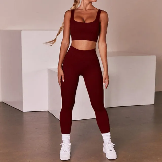 XMTOPYE Women Seamless Yoga Set Solid Ribbed Fitness 2 Piece Set Sporty Running Sports Jogging Suit Pullover Sports Bra Leggings