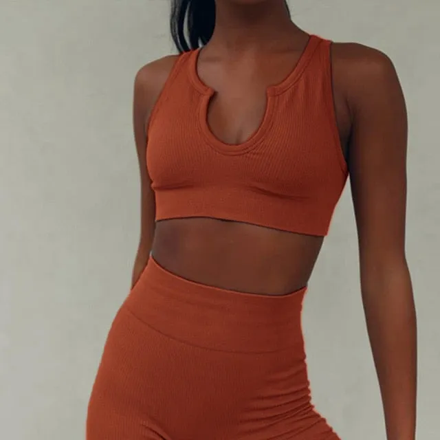 XMTOPYE Women Seamless Yoga Set Solid Ribbed Fitness 2 Piece Set Sporty Running Sports Jogging Suit Pullover Sports Bra Leggings