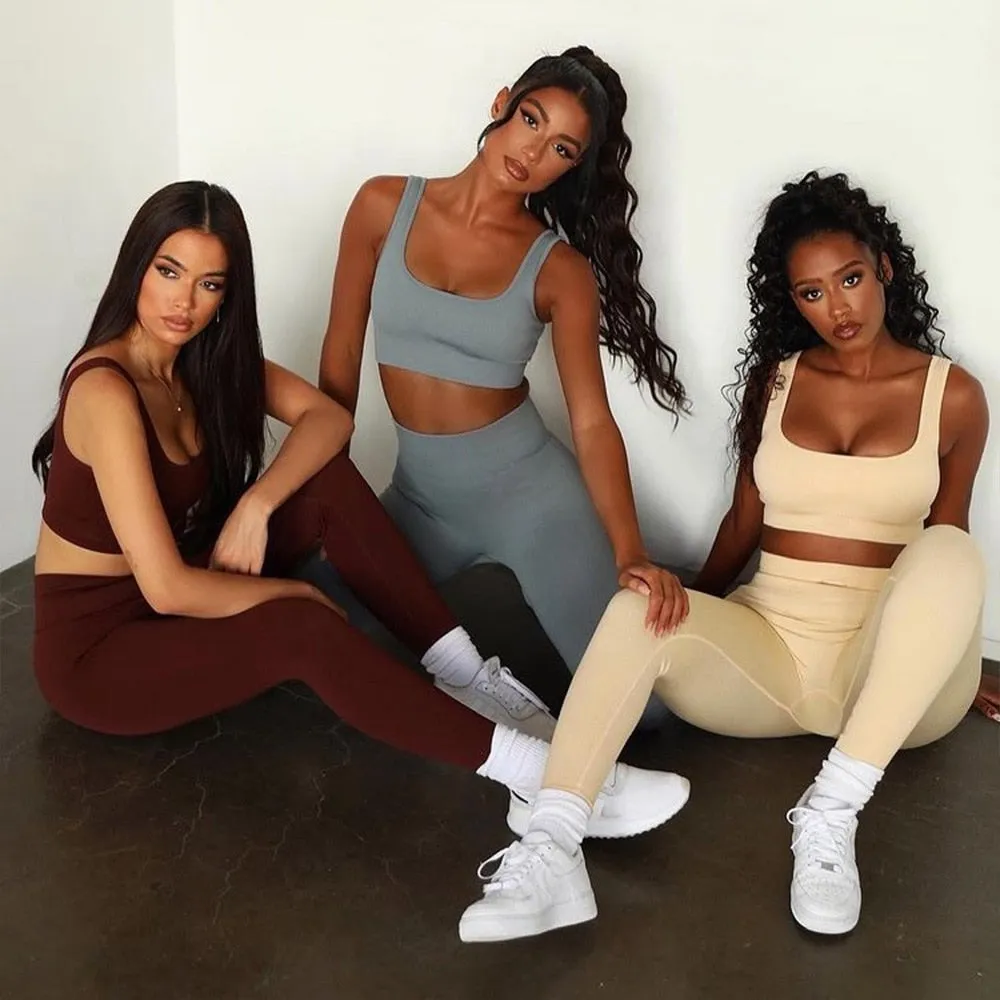 XMTOPYE Women Seamless Yoga Set Solid Ribbed Fitness 2 Piece Set Sporty Running Sports Jogging Suit Pullover Sports Bra Leggings