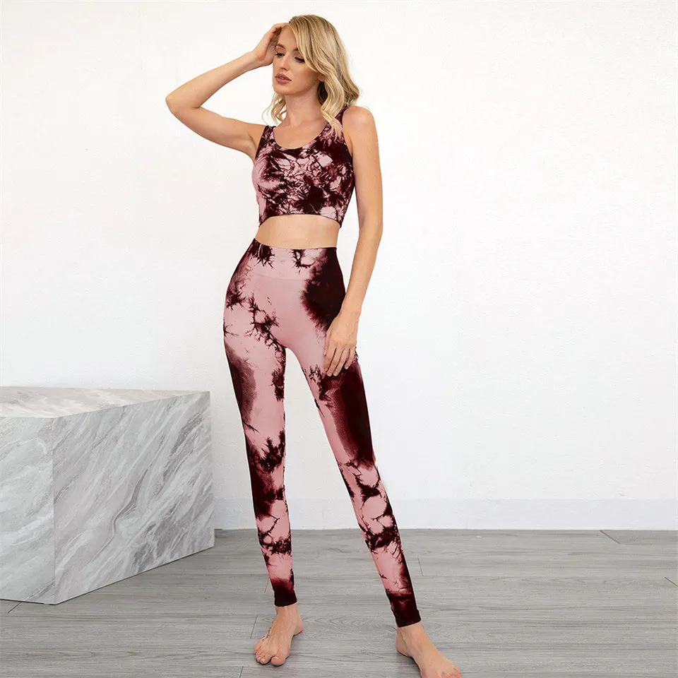 Yoga Set, Yoga Legging, Printed Workout Set Top and Legging, SmokeTie Dye in Red