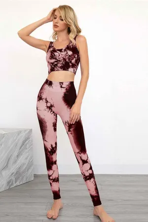 Yoga Set, Yoga Legging, Printed Workout Set Top and Legging, SmokeTie Dye in Red