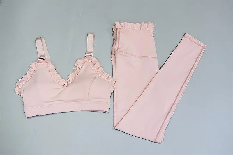 Yoga Set, Yoga Legging, Printed Workout Set Top and Legging, Sweet Ruffle Pink Milk