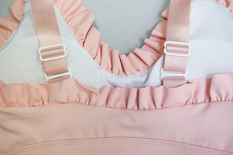 Yoga Set, Yoga Legging, Printed Workout Set Top and Legging, Sweet Ruffle Pink Milk