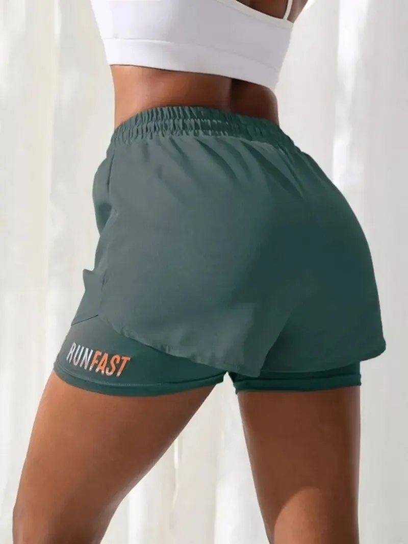 Yoga Shorts Women's High Rise  With Elastic Proximity Control Running Shorts, Fake Two Pieces Pants