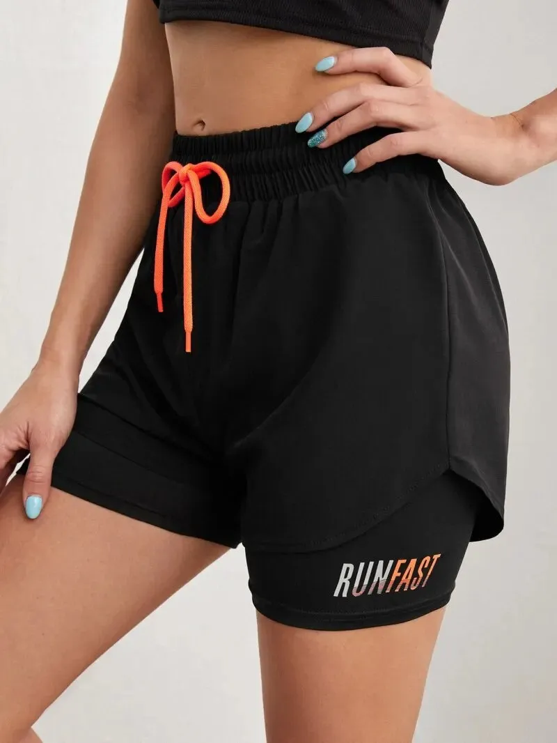 Yoga Shorts Women's High Rise  With Elastic Proximity Control Running Shorts, Fake Two Pieces Pants