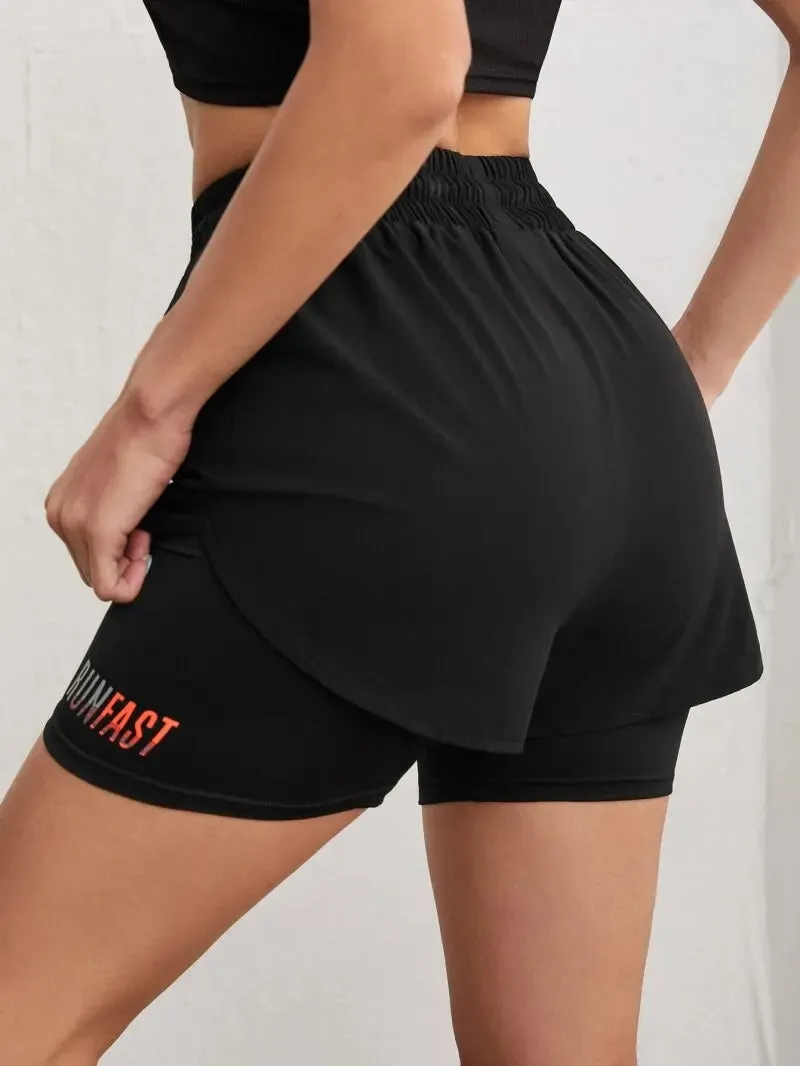 Yoga Shorts Women's High Rise  With Elastic Proximity Control Running Shorts, Fake Two Pieces Pants