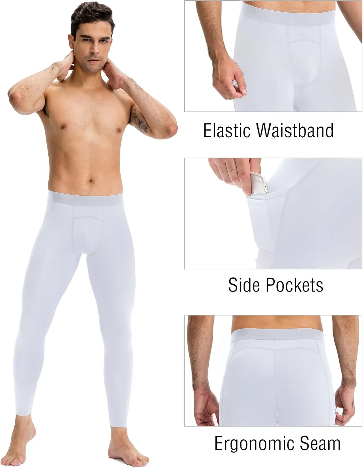 Yuerlian Fleece Lined Running Tights Men's Thermal Compression Pants Compression Baselayer Leggings with Pockets
