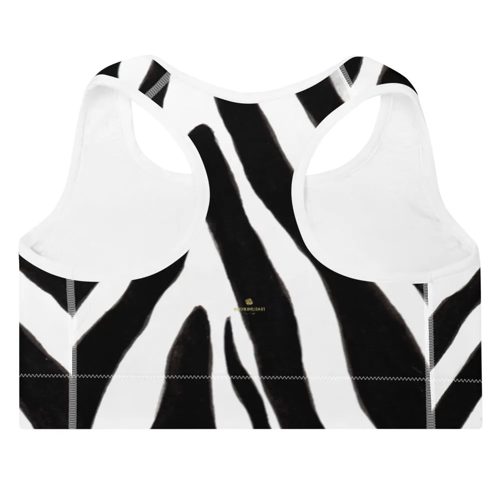 Zebra Print Sports Bra, Black White Animal Print Women's Padded Gym Bra- Made in USA/EU