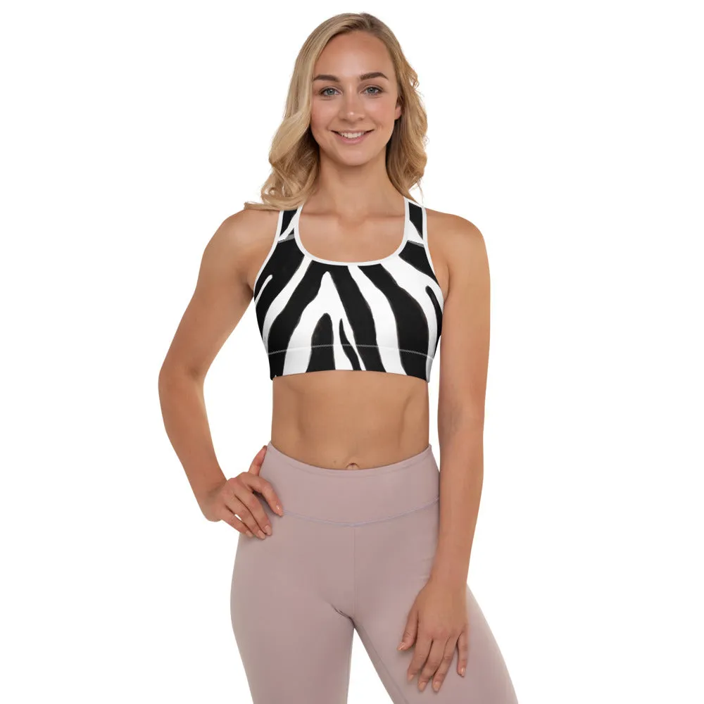 Zebra Print Sports Bra, Black White Animal Print Women's Padded Gym Bra- Made in USA/EU