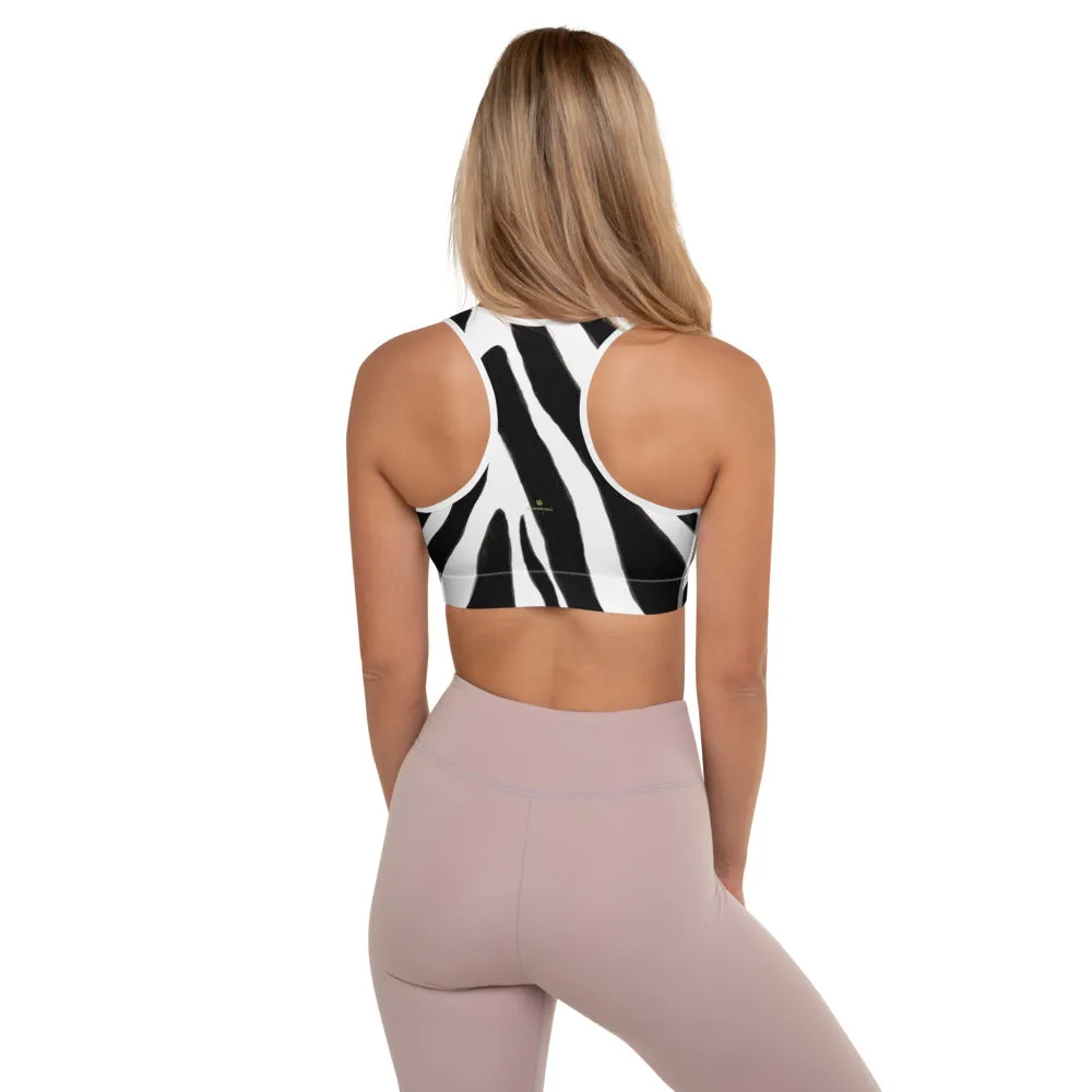 Zebra Print Sports Bra, Black White Animal Print Women's Padded Gym Bra- Made in USA/EU
