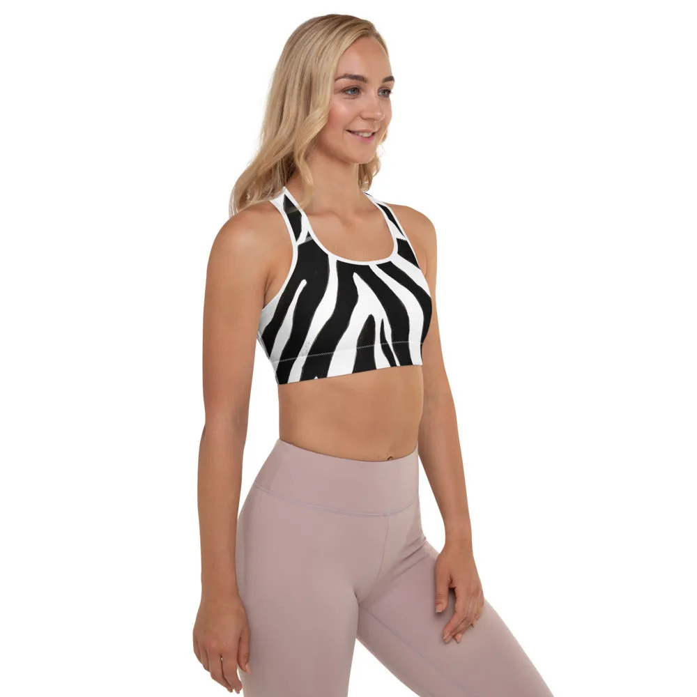 Zebra Print Sports Bra, Black White Animal Print Women's Padded Gym Bra- Made in USA/EU