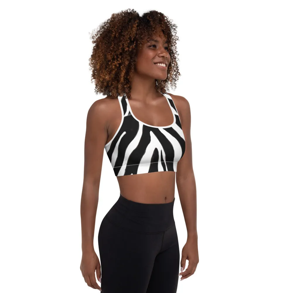 Zebra Print Sports Bra, Black White Animal Print Women's Padded Gym Bra- Made in USA/EU