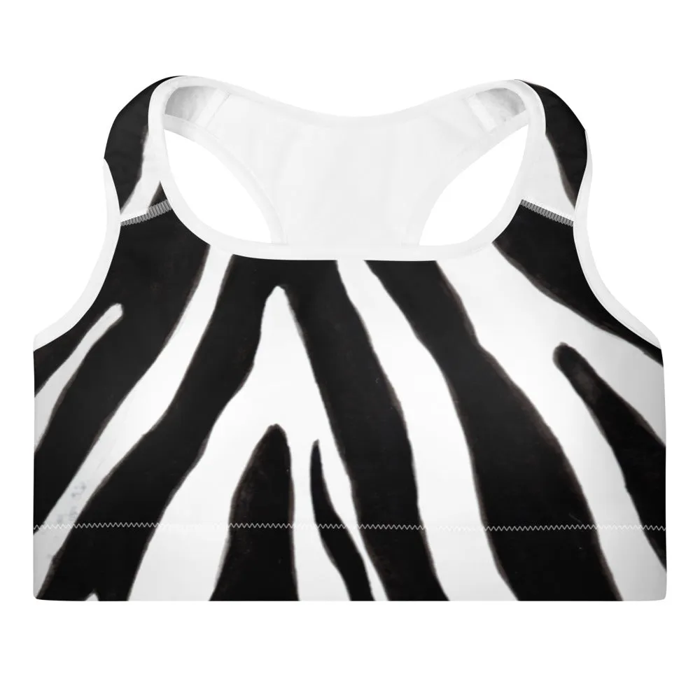 Zebra Print Sports Bra, Black White Animal Print Women's Padded Gym Bra- Made in USA/EU