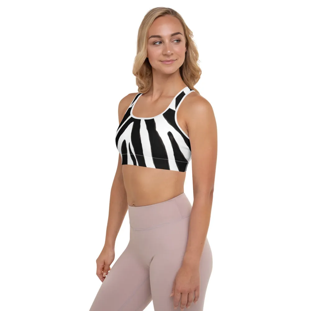 Zebra Print Sports Bra, Black White Animal Print Women's Padded Gym Bra- Made in USA/EU