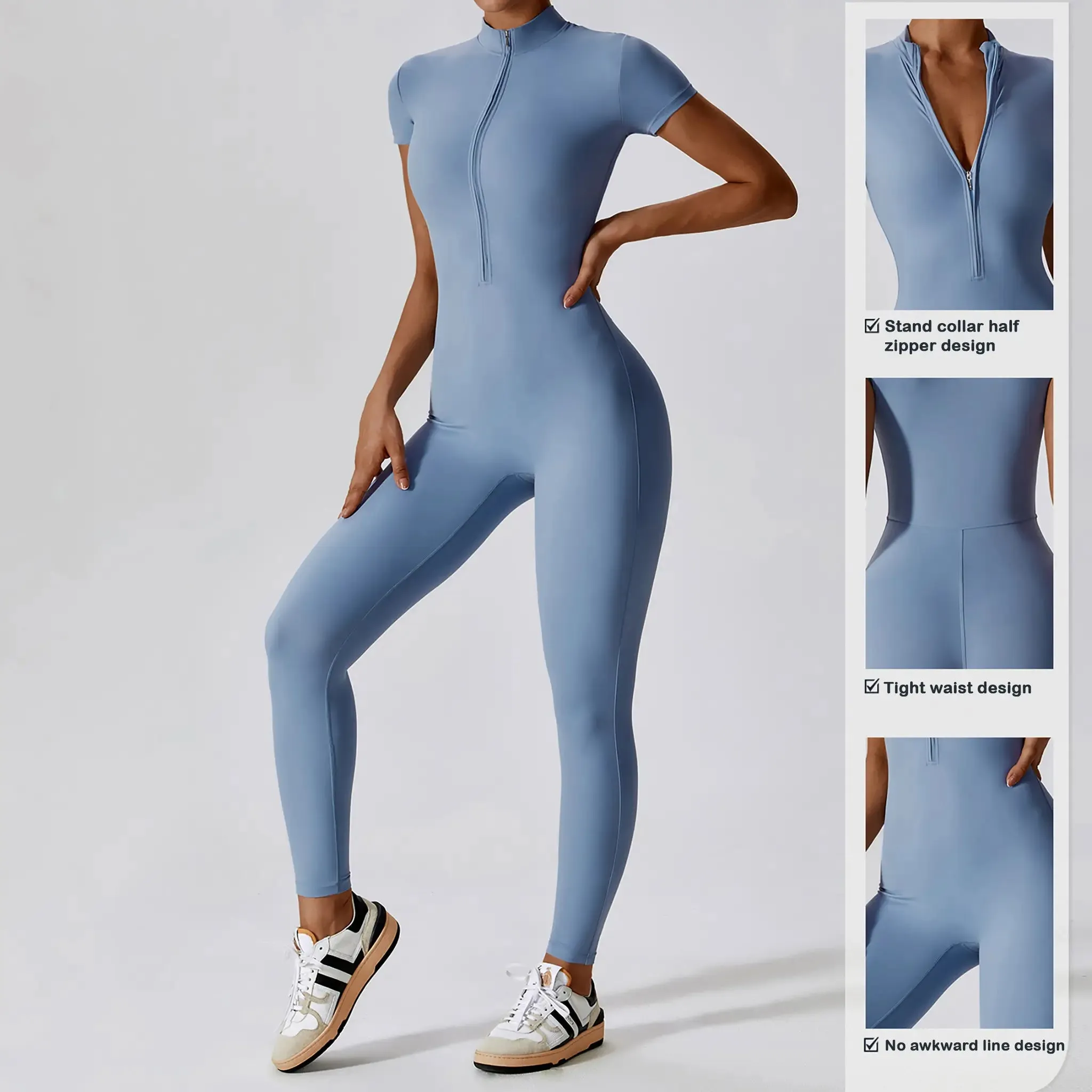 Zipper Short Sleeve Yoga Jumpsuit
