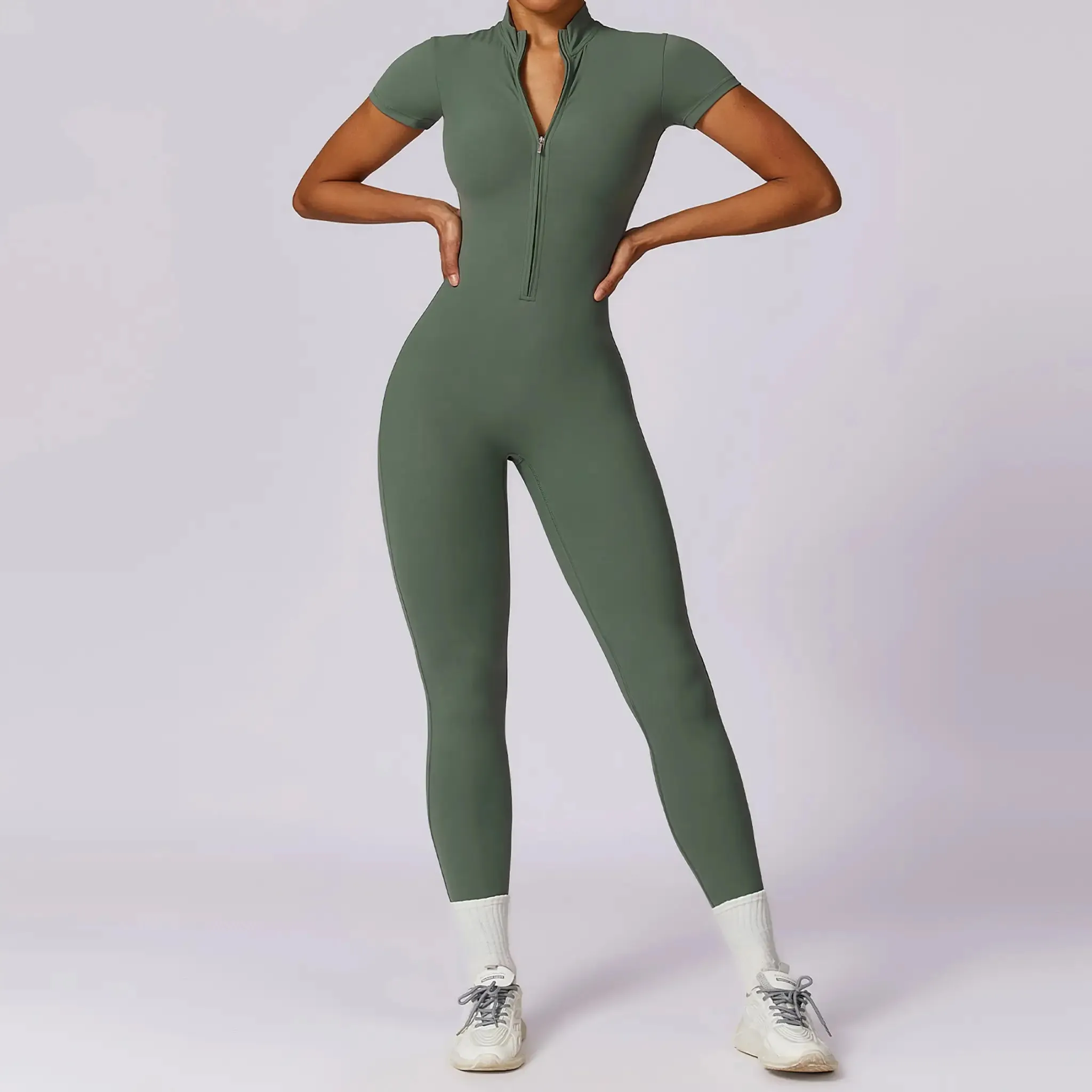 Zipper Short Sleeve Yoga Jumpsuit