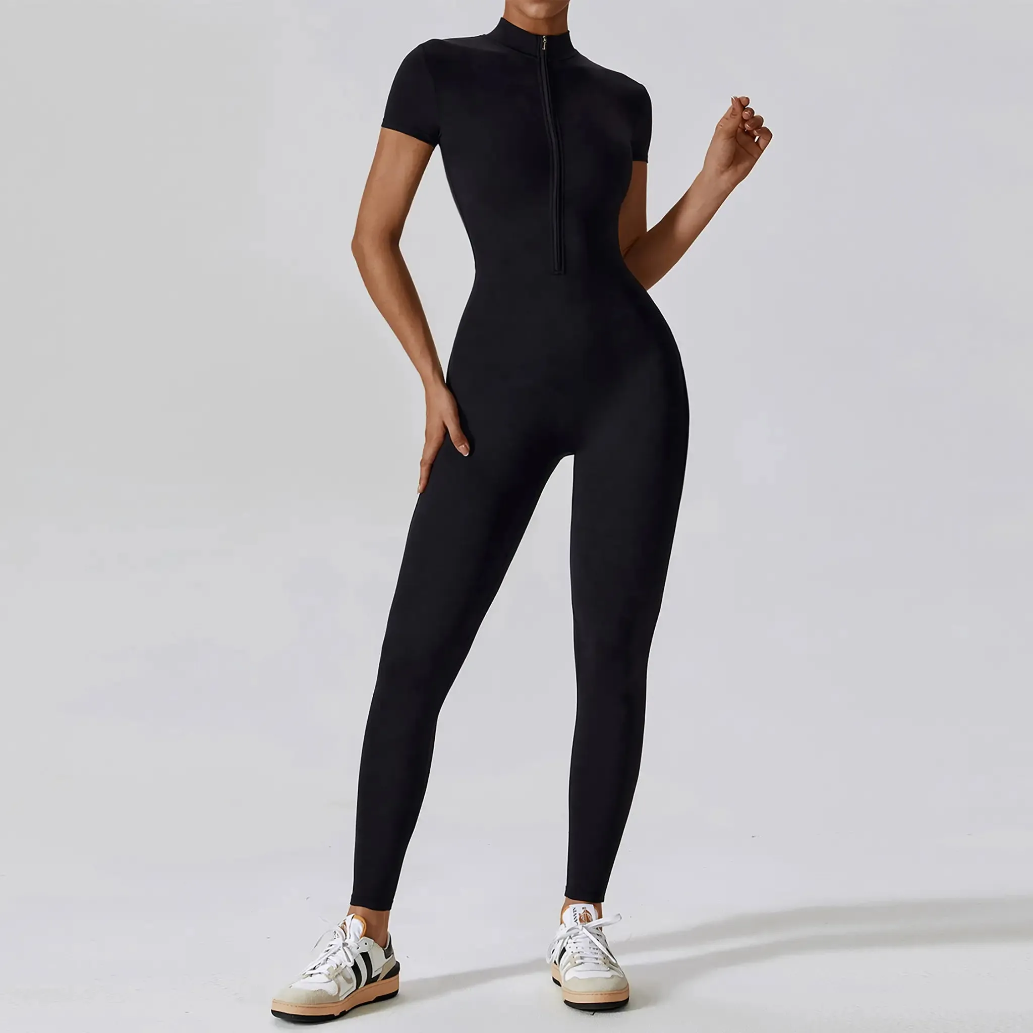 Zipper Short Sleeve Yoga Jumpsuit